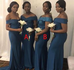 Teal Mermaid Bridesmaid Dresses 2021 Off Shoulder Sweep Train Appliques Garden Country Wedding Guest Gowns Maid of Honor Dress Plus Size