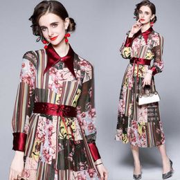 spring summer fashion Women's Maxi Dress Vintage Floral Print turn down collar long Sleeve Sashes Casual 210531