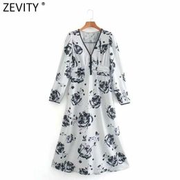 Zevity Women Vintage Ink Flower Print Buckles Casual Slim Midi Dress Female Puff Sleeve A Line Vestido Chic Shirt Dresses DS5086 210603