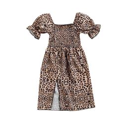 Girls Casual Long Slit Dress Brown Leopard Printed Pattern Short Sleeve Square Collar 1-6Years Q0716