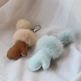 Keychain of Real Mink Fur Women Fashion Accessories Mobile Phone Bag Pendant leather fur Mitten Girls Key Ring