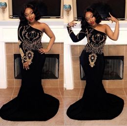 African Black Mermaid Prom Dresses One Shoulder Long Sleeve Beaded Plus Size Women Formal Evening Gowns