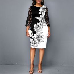 Ladies Floral Midi Dress Black Mesh Elegant Women Wedding Party Dress 3/4 Sleeve New Summer Spring Female Bodycon Dress D25 210309