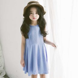 2020 Girl Sleeveless Solid Color Summer Blue Little Children Kids Lovely Big Girls Clothing Causal Dress Q0716