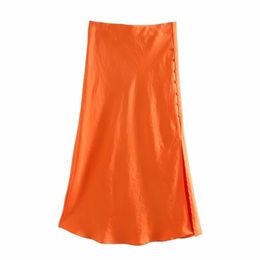 Solid Satin Elastic waist Women Side Slit Midi Skirt New Fashion Casual Lady Button decoration Slim A-Line Skirts P1597 210310