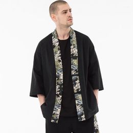 Ropa étnica kimono hombres negro japonés samurai traje masculino yukata haori streetwear street jacket DD0011
