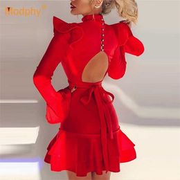 Summer Women Red Ruffles Long Sleeve Mermaid Mini Dress Sexy Hollow Out Buttons Evening Club Party Female Dresses 210527