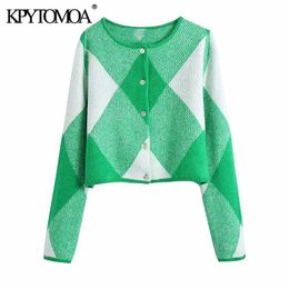 KPYTOMOA Women Fashion Argyle Jacquard Cropped Knit Cardigan Sweater Vintage O Neck Long Sleeve Female Outerwear Chic Tops 211215