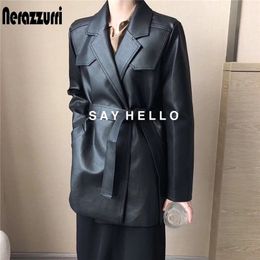 Nerazzurri Loose pu faux leather blazer women fall with belt long sleeve Black oversized leather jacket women 5xl 6xl 7xl 201020