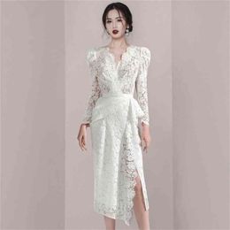 White Solid Dress For Woman Lace V-neck Lace-up Vestidos Lady Elegant Vintage Long Dresses Female Spring Clothing 210603
