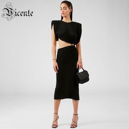VC All Free Shipping New Chic Waist Hollow Out Draped Sleeves Strong Shoulder Silhouette Design Celebrity Party Midi Dress 210306