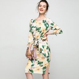 Women's Runway Dresses O Neck 3/4 Sleeves Printed Side Split Sash Belt Fashion Autumn Pencil Dress Vestidos