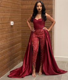 Burgundy Jumpsuits Prom Dresses for Black Girls African Lace Sequined Evening Dress robe de soirée femme Vestidos Graduation