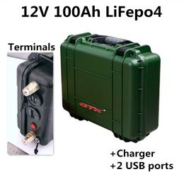 Waterproof 12V 100Ah LiFepo4 lithium battery pack for solar energy system RV motor home caravan golf trolley autocaravanas+10A