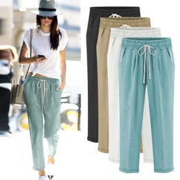 2020 summer fashion cotton hemp tight elastic women's pants Europe and America large size thin Casual Pants Capris trousers Q0801