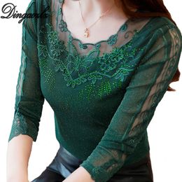 Dingaozlz Autumn Women shirt New Casual Lady blouse Patchwork Mesh Lace Tops Plus size clothing Elegant Diamond shirt 210225