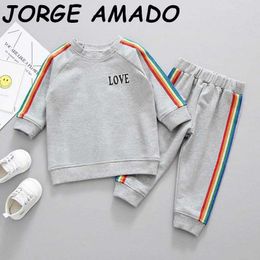 Autumn Boys Girls Outfits Colourful Stripe Letter Cotton Hoodie 2pcs Sport Sets Baby Clothes E20276 210610