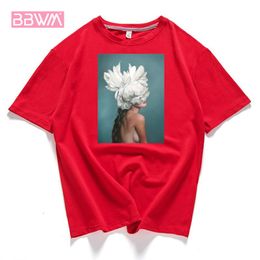 95% Cotton Bloom Flower Feather Women T -shirt Summer Short Sleeve Round Neck Harajuku Printing Tee Casual Fashion Female Tops 210304