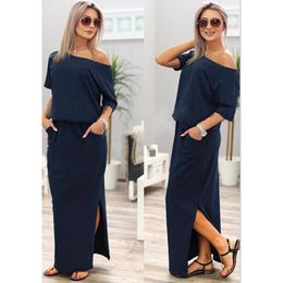 Hot Sale Women Boho Maxi Dress Sexy Summer Short Sleeve Side Slit Loose Evening Party Long Beach Dress with Pocket Vestidos 210309