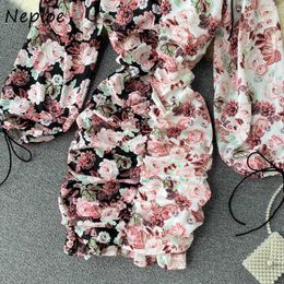 Neploe 2021 Panelled Flower Print Patchwork Fungus Drawstring Dress Pleated Sexy Bodycon Vestidos V-neck Autumn A-line Dresses Y0823