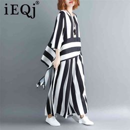 [IEQJ] Summer Women Round Collar Irregular Loose Hem Stripe Shirt Elastic Suit Casual Waist Two Piece Set BL641 210709