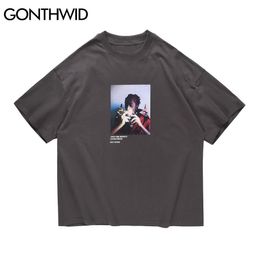 GONTHWID Short Sleeve Tees Hip Hop Streetwear Gothic Punk Rock Rapper Smoking Print T-Shirts Casual Harajuku Tshirts Tops Male C0315