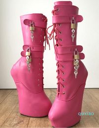 Peach Boots Lace Up Mid Calf Women Hoof Shoes Ladies Platform Heels Womens Boots With Buckles Booties For Girls