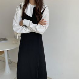 French Retro Dress Two Piece Suit Set Asymmetrical Collar Elegant Gentle All Match Female Women Streetwear Long 210525