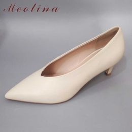 Meotina Natural Genuine Leather High Heels Pumps Women Shoes Pointed Toe Stiletto Heel Glove Ladies Footwear Black Beige Size 40 210608