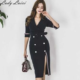Autumn Office Lady Split Pencil Women Dress Double Breasted Sheath Notched Collar Formal Bodycon Work dress With sashes 210529