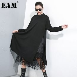 [EAM] Women Black Mesh Dot Split Joint Dress New Stand Collar Long Sleeve Loose Fit Fashion Tide Spring Autumn 2021 1B593 210306