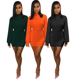 Echoine Long SLeeve Sexy Skinny Autumn Mini Dress Drawstring Lantern Sleeve Orange Vintage Vestidos Party Club Outfits Black Y0118