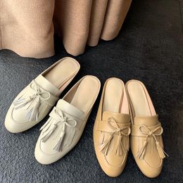 Slippers Genuine Leather Women Shoes Fashion Spring/Autumn Fringe Outside Round Toe Square Heel Handmade Woman