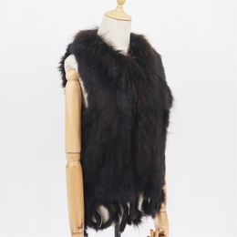 Factory Customised Fashion Real Rabbit Fur Tassel Vest High-end Women Knitted Sleeveless Vests Natural Raccoon Fur Jacket 211124