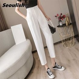 Korean OL Style Solid Women's Formal Harem Pants High Waist Elegant Office Lady Button Ankle-Length Pockets 211115