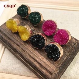 1 Pair Natural Druzy Stone Stud Earrings Fashion Simple Gold Colorful Round Ear For Women Jewelry