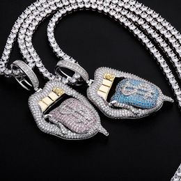 High Quality Copper Iced Out Cubic Zirconia Lips Pendant Necklace Colours Stone With 4mm Tennis Chain