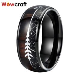 Mens 8mm Black Meteorite Koa Wood Steel Inlay Tungsten Carbide Ring Men Women Wedding Dome Band Comfort Fit Polished 211217