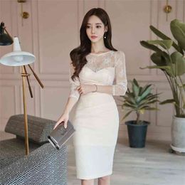 Lace Party dress Korea laides Fahion Long SLeeve hollow out stitching hip ruffle Bodycon for women clothing 210602