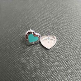 Ms S925 pure silver classic pink enamel heart-shaped earrings cyan blue glue 210616