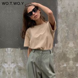 WOTWOY Summer Knitted Basic Solid T-shirt Women Casual Cotton Short Sleeve Tee-Shirts Female Tops Women New Fashion S-XL 210306