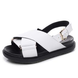 Meotina Gladiator Shoes Women Genuine Leather Sandals Flat Buckle Sandals Round Toe Cow Leather Ladies Footwear Summer Black 210608