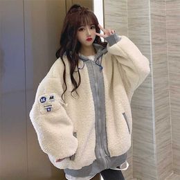 Zoki Autumn All Match Wool Thicken Fur Coats Women Loose Casual Warm Jacket with Hood Korean Fashion Elegant Outwear 211220