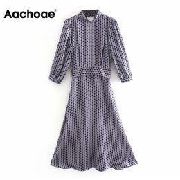 Aachoae Stylish Print Midi Dress Puff Sleeve Elegant Bandage Dress Back Hollow Out Chic Party Dress Vestido De Mujer XS-L 210309