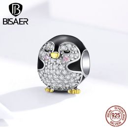 Penguin Jewellery BISAER 925 Sterling Silver Lucky Penguin Charms Fit for Beads Bracelets Cubic Zircon DIY Jewellery Making EFC126 Q0531