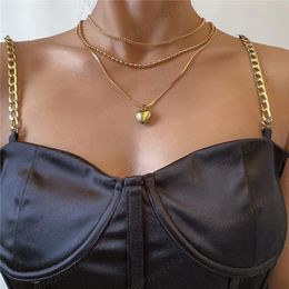 Retro Heart Shape Pendant Necklaces Multi Layer Copper Beaded Clavicle Chain Women Valentine's Day Gift Thin Snake Link Jewellery Accessories