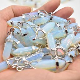 Glass Opal Hexagonal Pillar Charms Stone Handmade Silver Color Pendants for Jewelry Making Wholesale