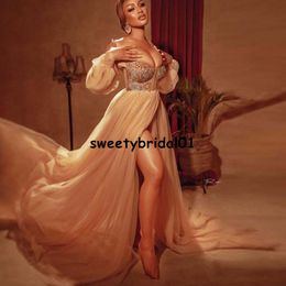 islamic occasion dresses UK - Champagne Tulle Lace Islamic Evening Dresses A Line Off the Shoulder 2021 Arabic Formal Prom Occasion Gowns