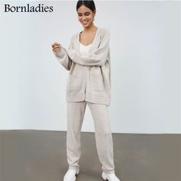 Bornladies Autumn Winter Ladies Loose 2 Pieces Set Sexy V Nexk Pullover Sweater & Lace-up Skinny Pants Casual Women Knitted Sets 211007