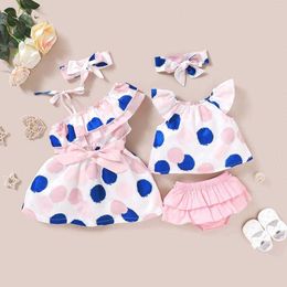 Summer Baby Girl Sleeveless Dot Pattern Print Dress Vest Tops Solid Colour Shorts + Headband Sets Children's Clothing Q0716